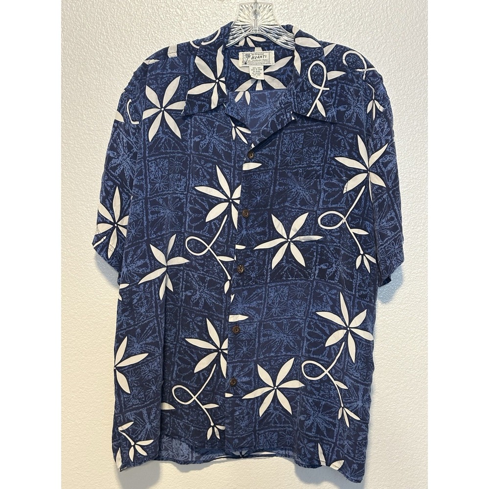 AVANTI Mens L Blue Silk Floral Geometric Hawaiian Aloha Shirt Coconut Buttons